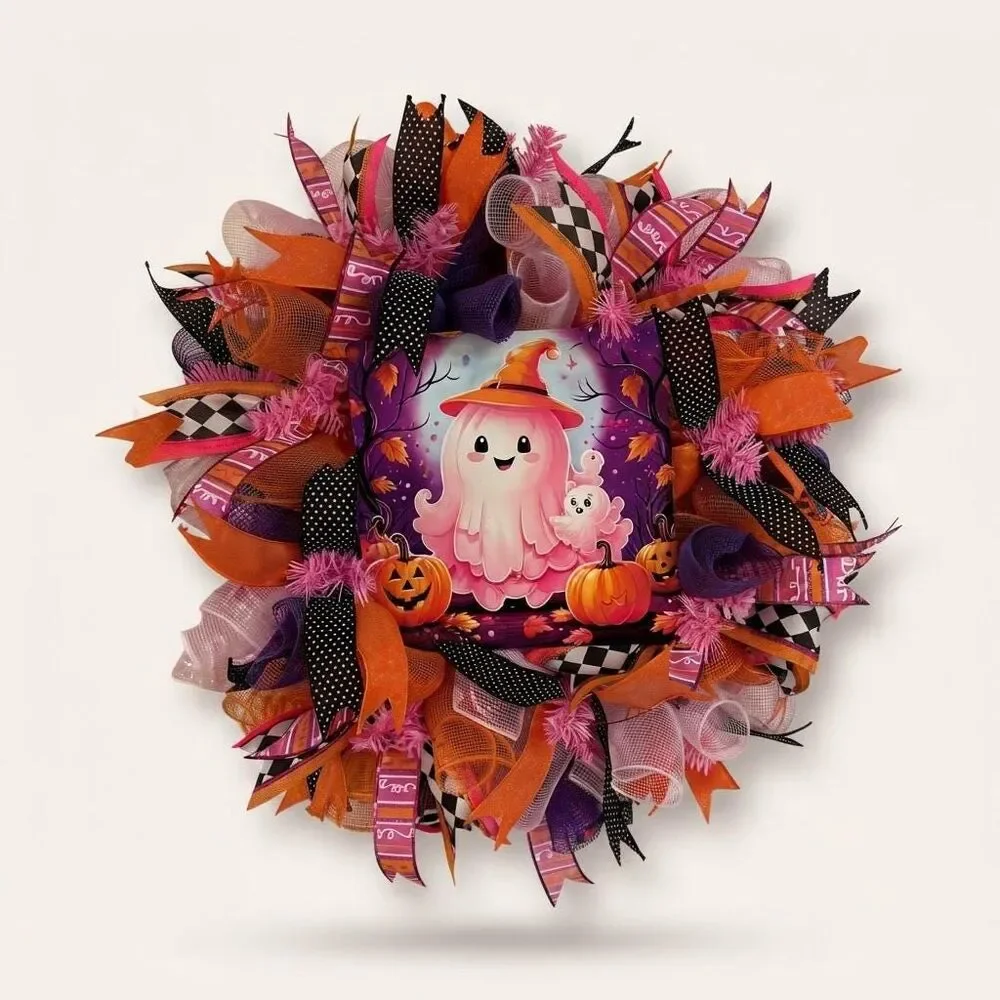 Pink Ghost Halloween Wreath | Cute Pastel Ghost Decor | Halloween Front Door